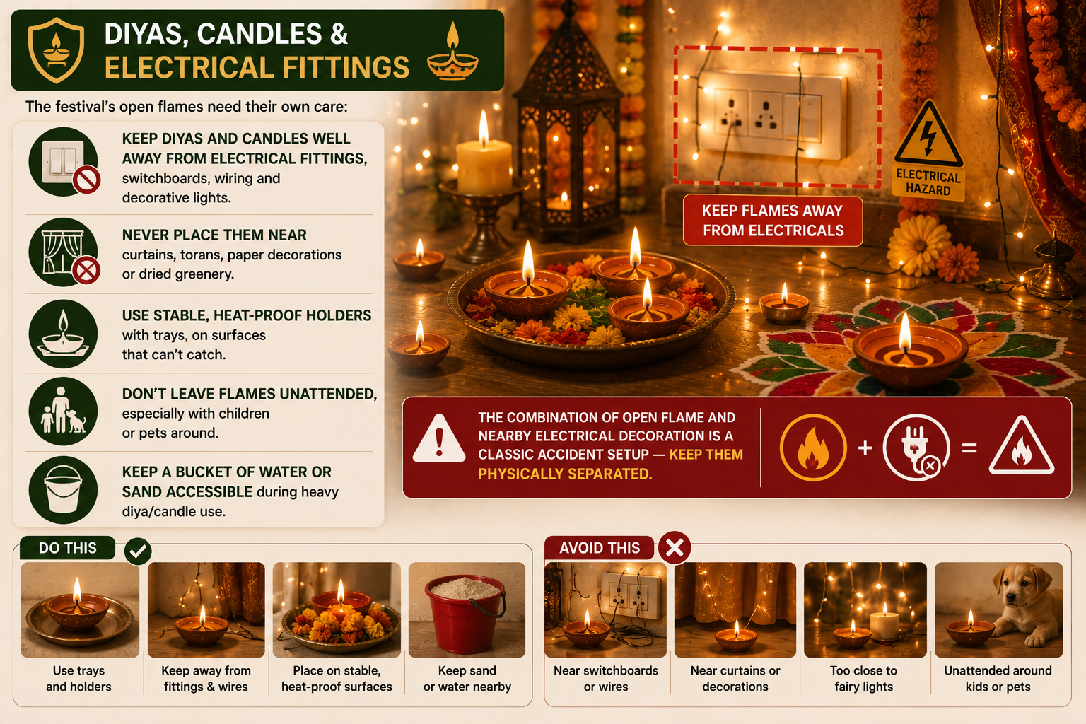 Diwali diyas and candles placed safely away from electrical fittings, wires and curtains, with heatproof holders and fire safety precautions in an Indian home.