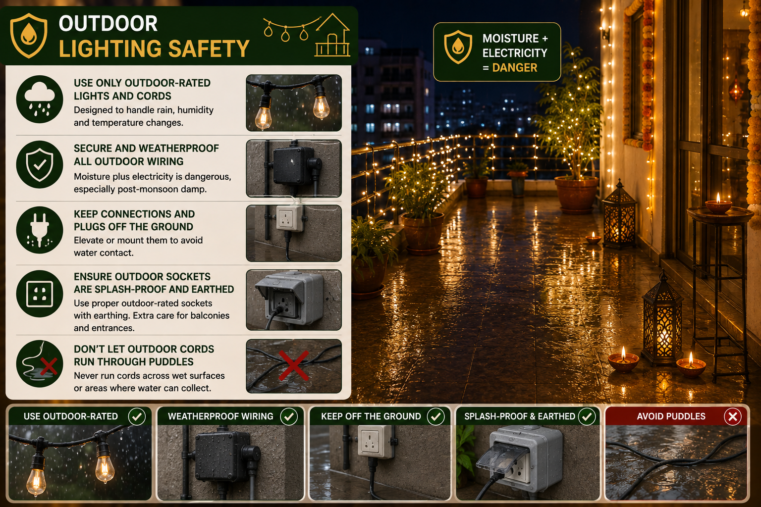 Outdoor Diwali lights installed safely on a balcony with weatherproof wiring, splash-proof sockets, raised plugs and cords kept away from wet surfaces.