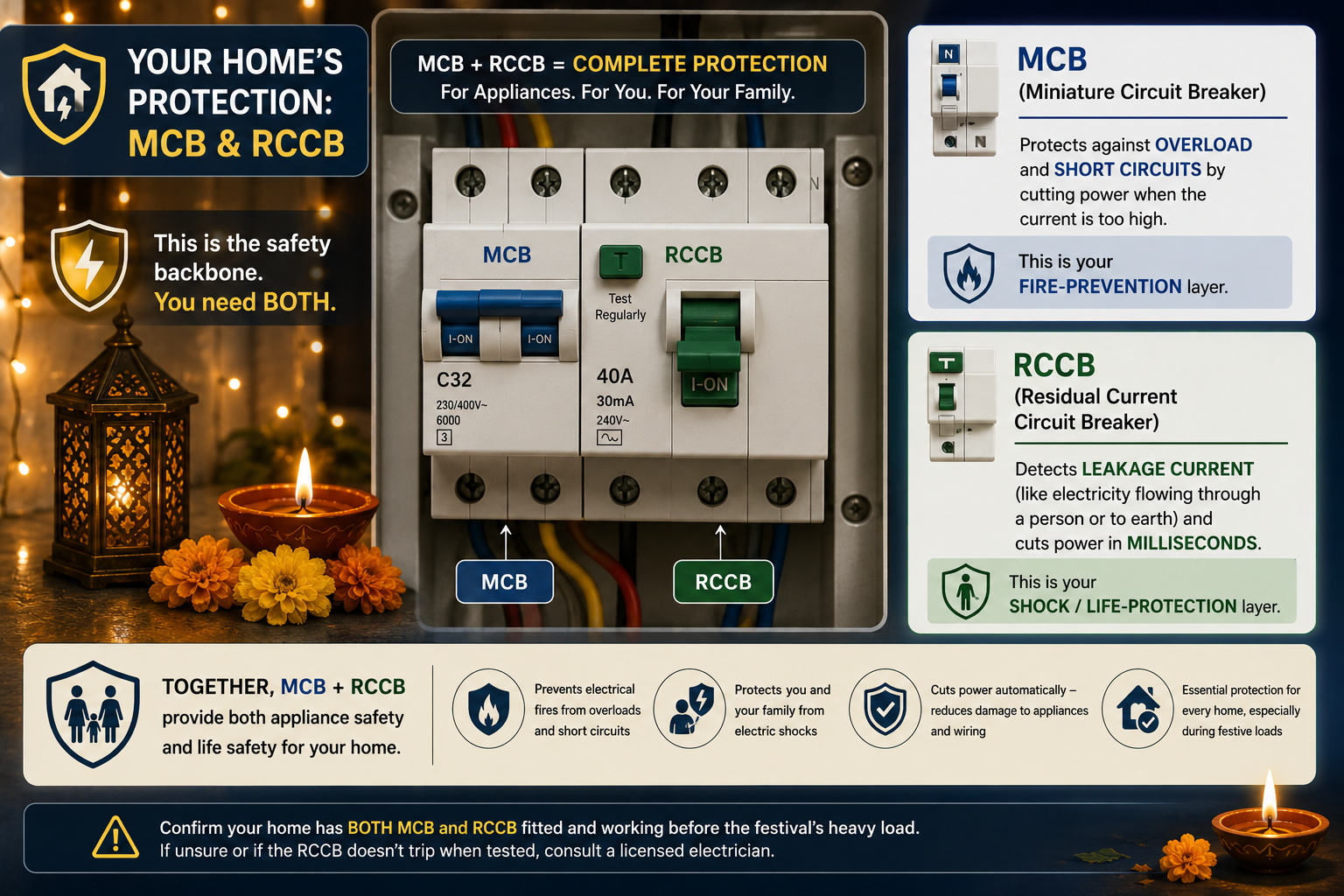 Home electrical panel showing MCB and RCCB protection, explaining overload, short circuit and electric shock safety before Diwali celebrations.