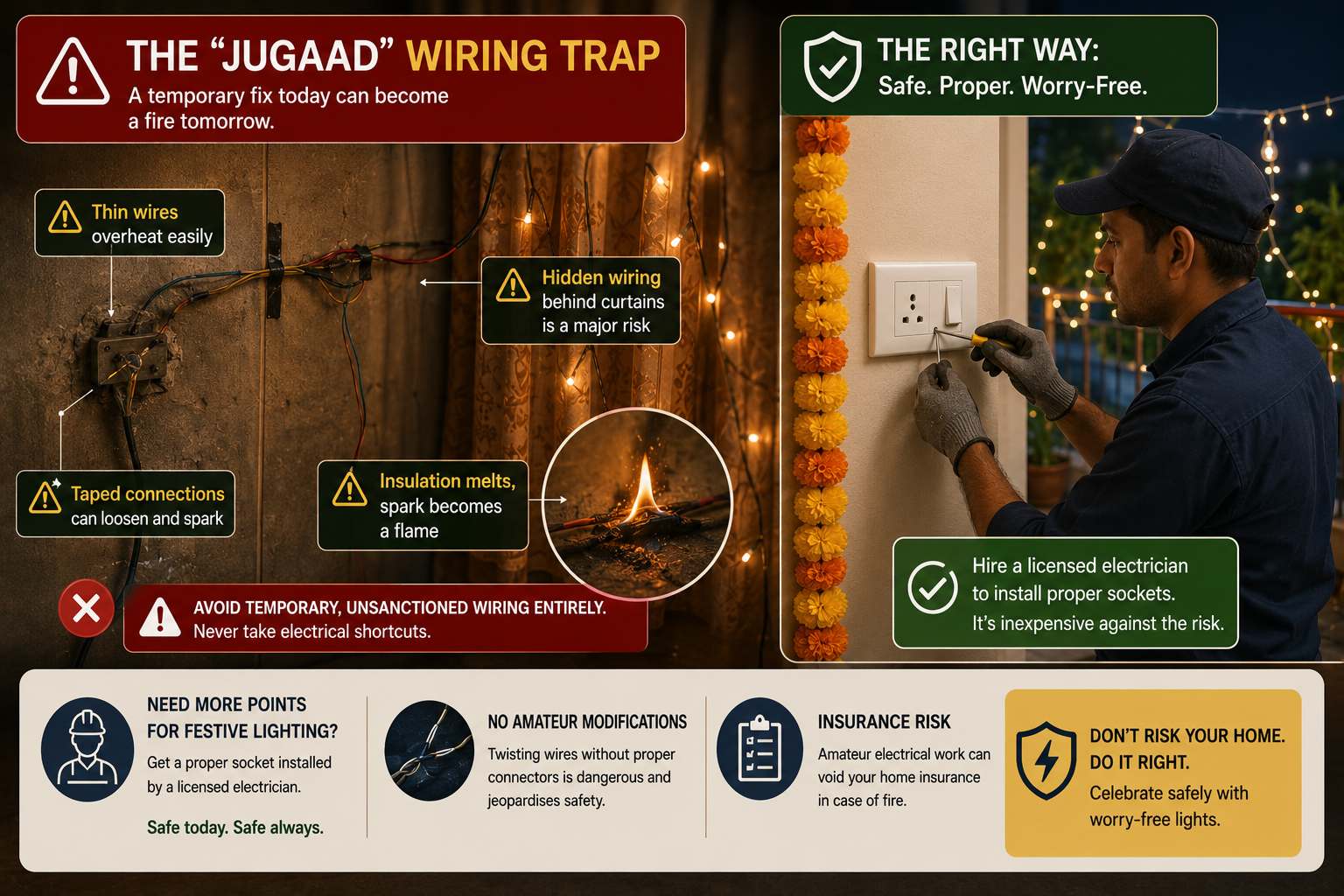 Unsafe temporary ‘jugaad’ electrical wiring compared with a licensed electrician installing a proper socket for safe Diwali lighting and fire prevention.