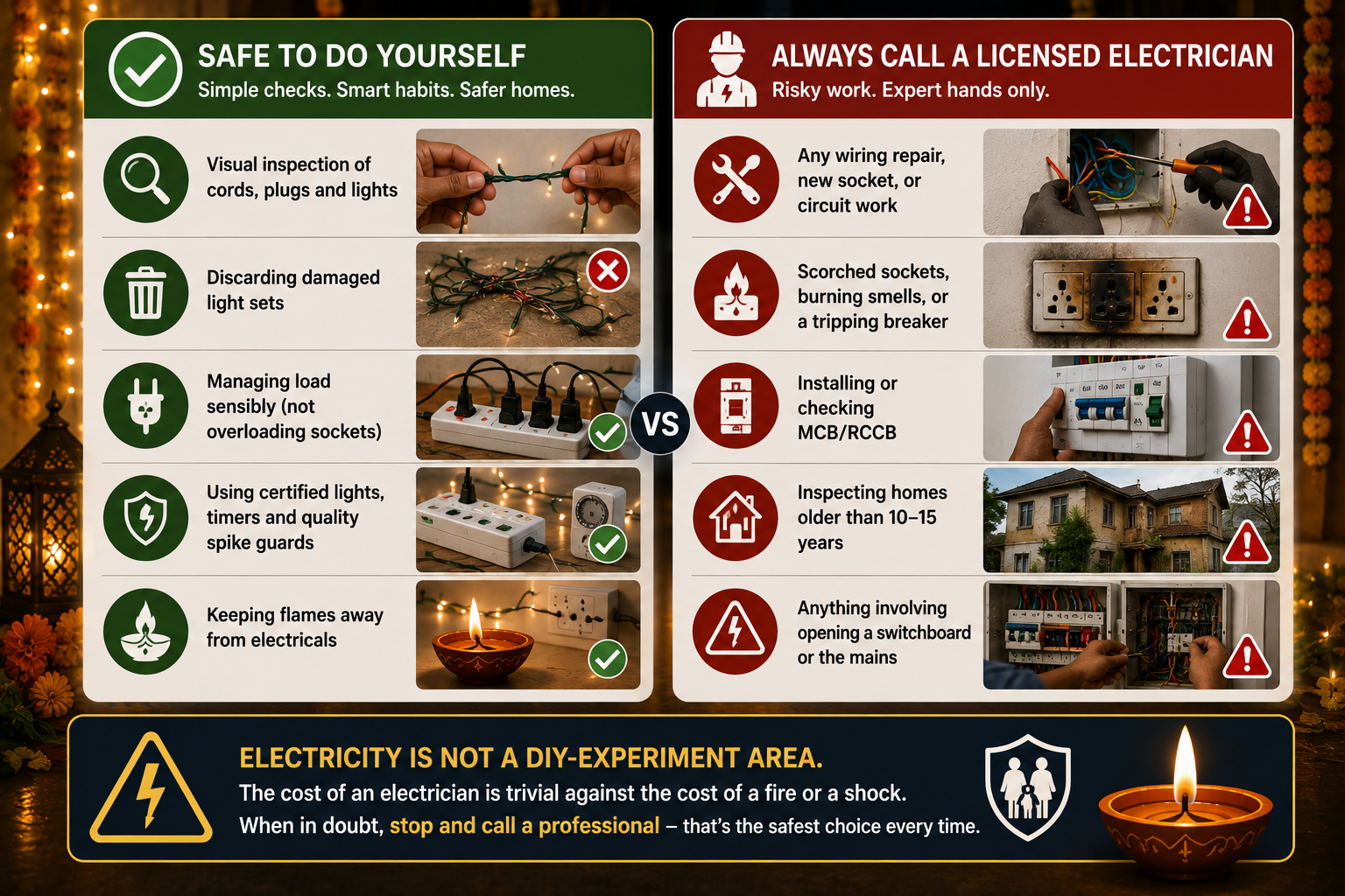 DIY electrical safety checks compared with jobs requiring a licensed electrician, including wiring repairs, MCB/RCCB checks and switchboard work before Diwali.