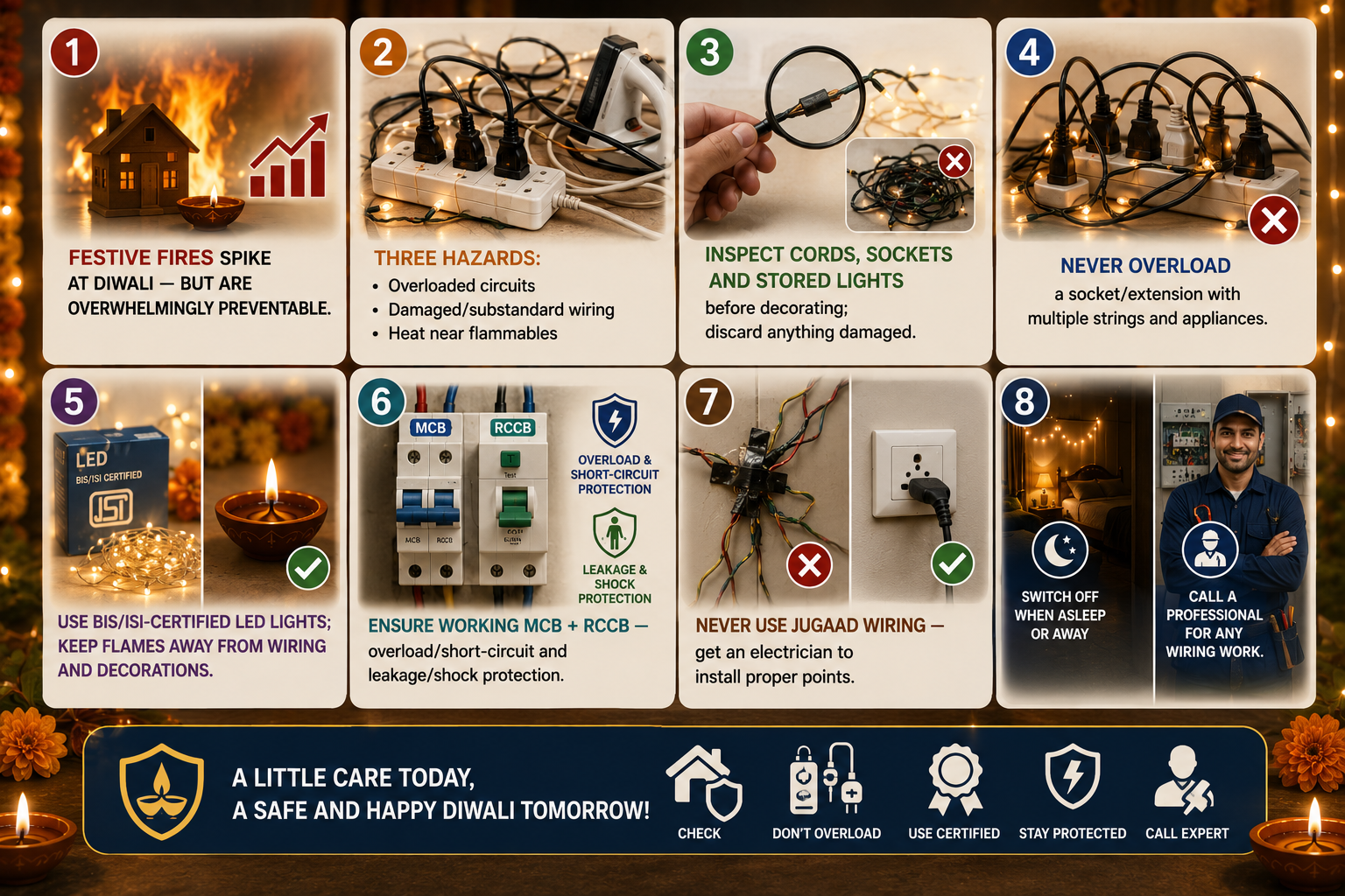 Diwali electrical safety checklist covering fire prevention, overload risks, damaged wiring, certified LED lights, MCB and RCCB protection and electrician help.