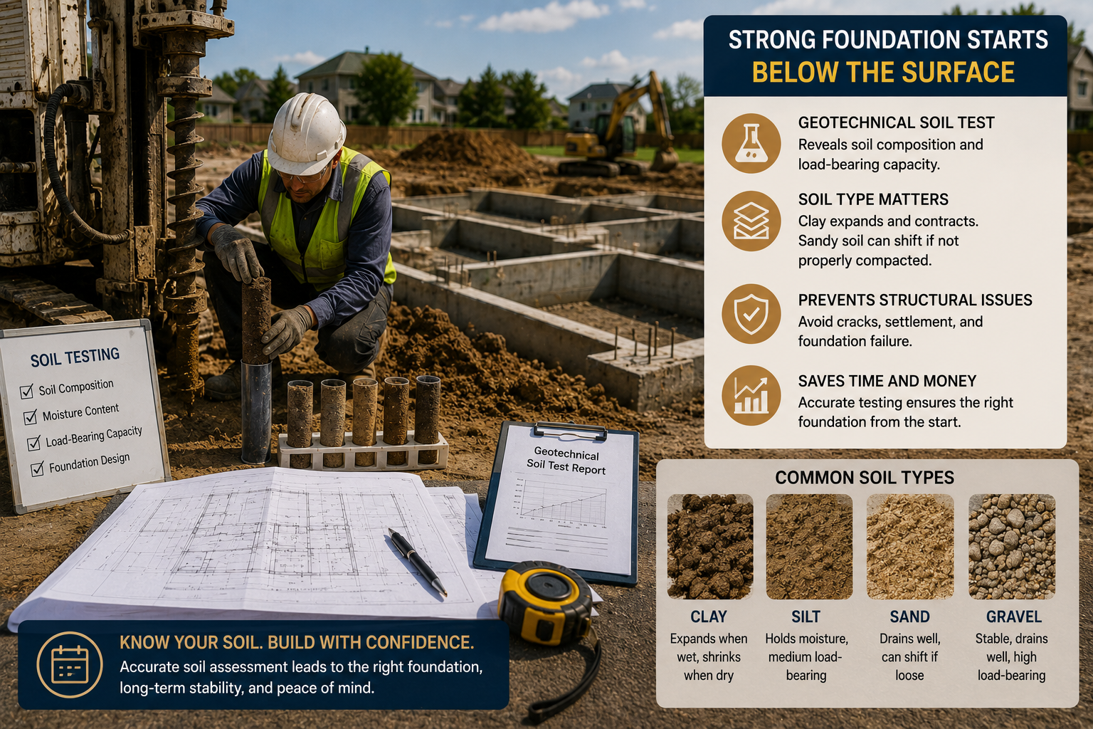 Geotechnical soil testing at a construction site with soil core samples, foundation plans and soil types, showing how ground conditions guide foundation design.