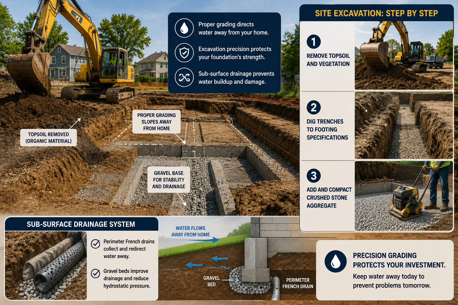Construction site excavation showing topsoil removal, graded foundation trenches, compacted gravel base and French drain directing water away from the home.