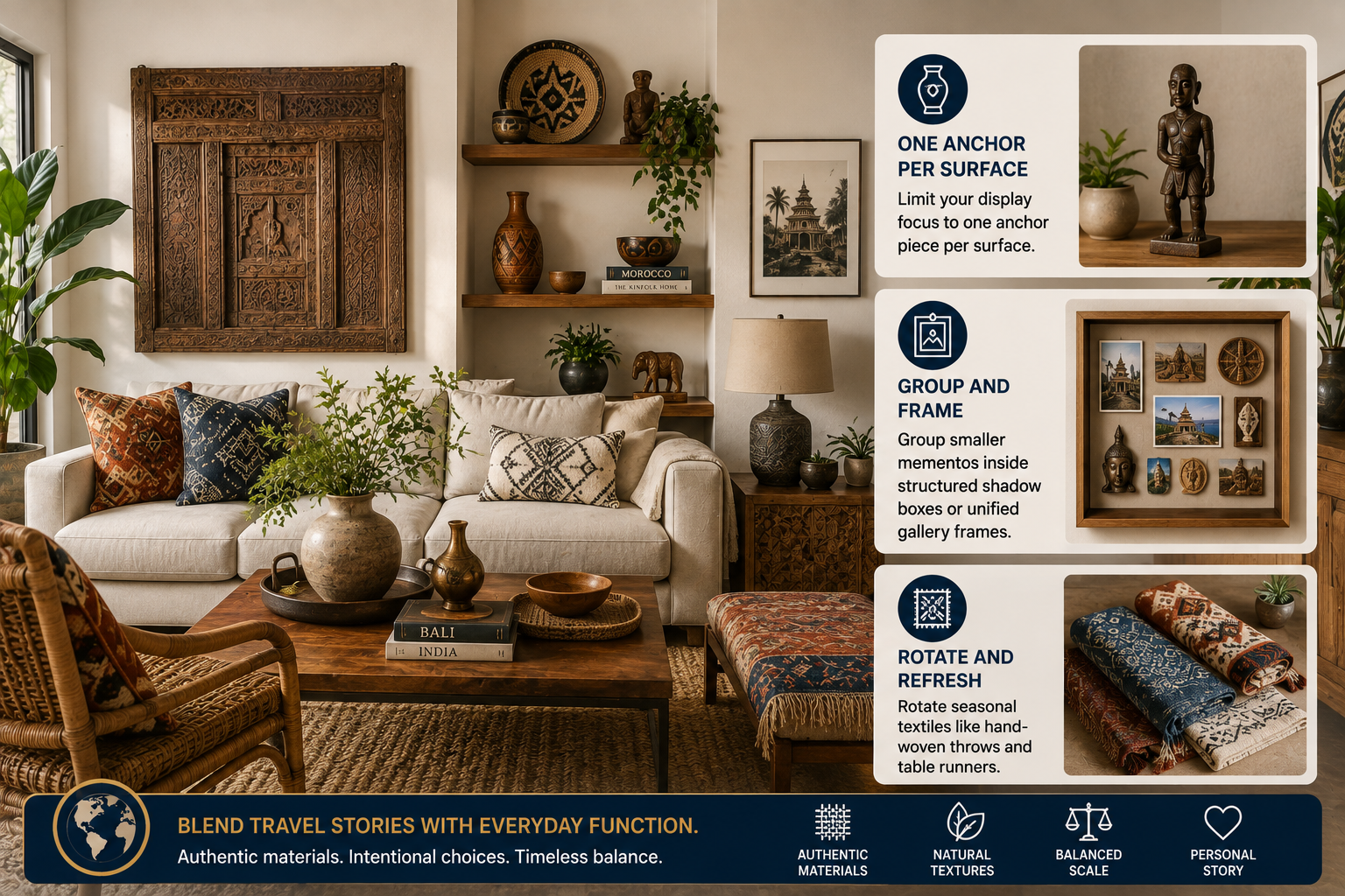Modern living room blending global travel decor with neutral interiors, featuring carved wood, ceramics, woven textiles, framed mementos and balanced styling.