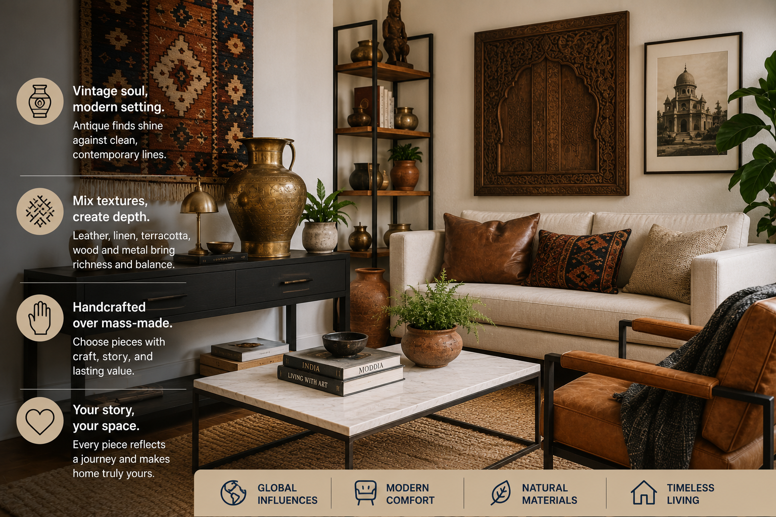 Modern living room combining vintage global decor with contemporary furniture, featuring antique brass, leather, linen, terracotta, wood and handcrafted accents.