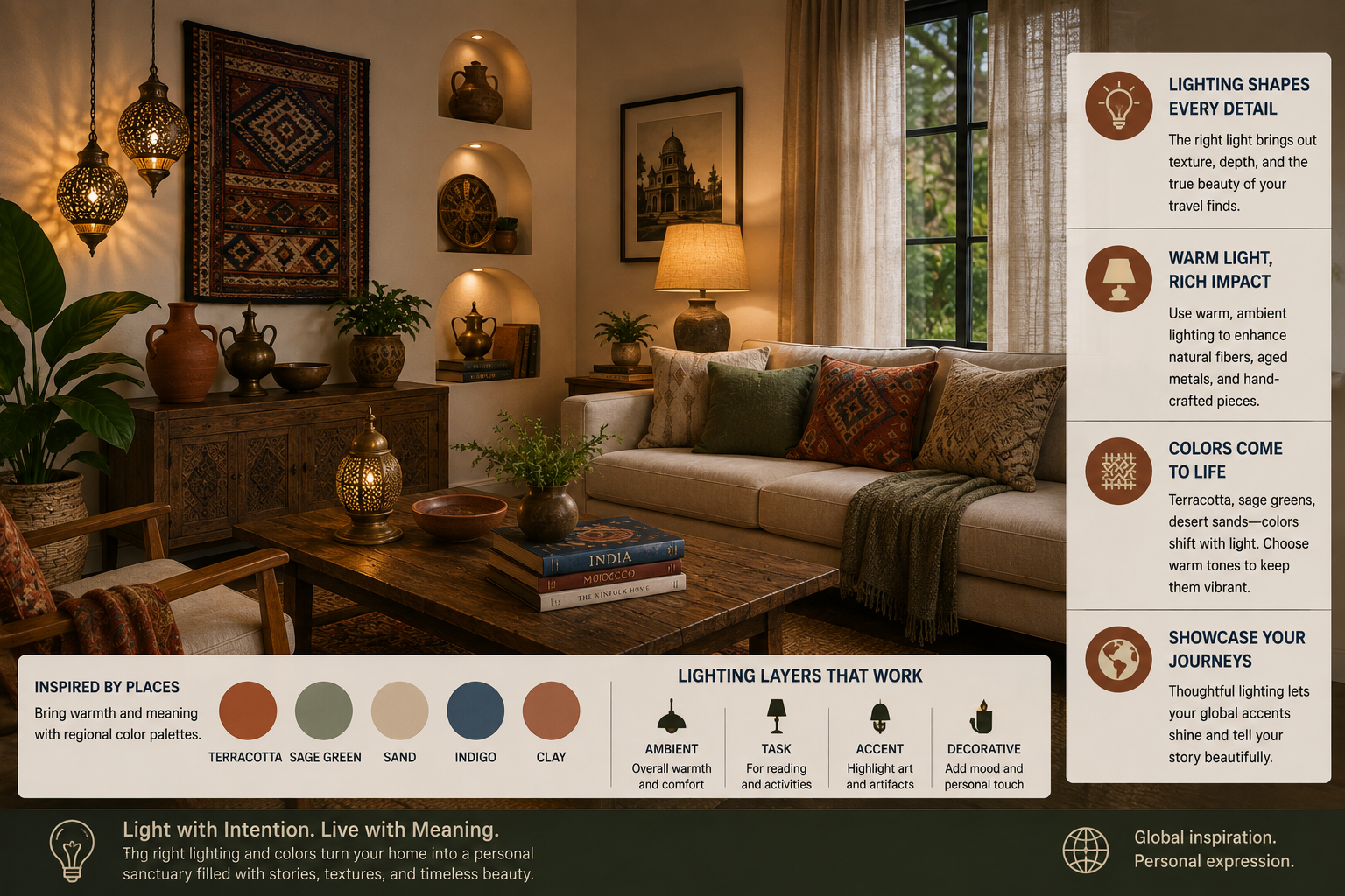 Warmly lit global-inspired living room with Moroccan lamps, terracotta and sage tones, woven textiles, carved wood and travel decor highlighting lighting choices.