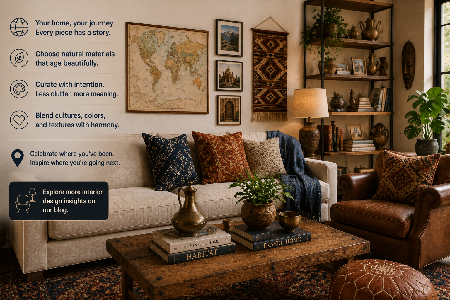 Global-inspired living room with a world map, travel souvenirs, woven textiles, natural materials, curated decor and layered colors creating a personal home story.