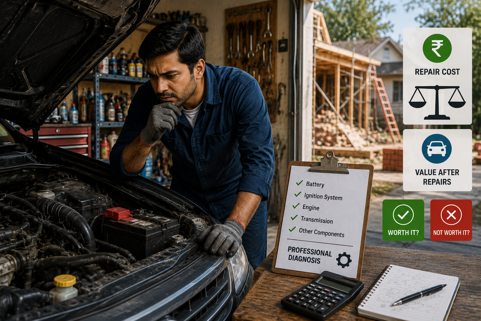 Indian mechanic diagnosing a nonrunning car during a home remodel, inspecting the engine and battery while comparing repair costs with the vehicle’s value.