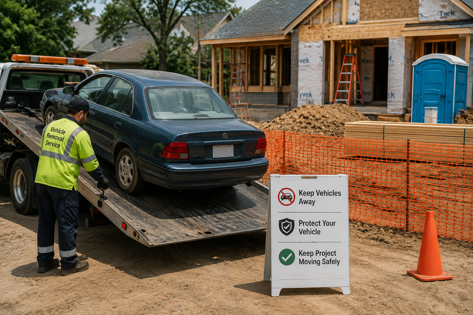 Tow truck removing a nonrunning car from an active home construction site for safety and clear work access.