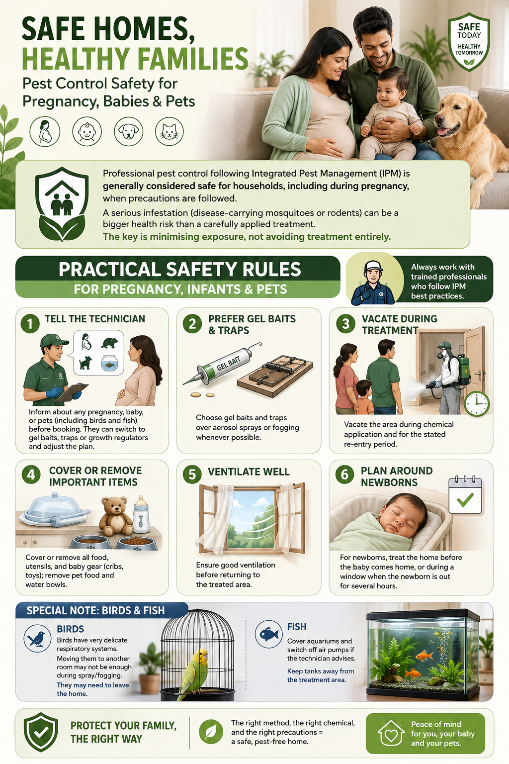 pest control safety: pregnancy, babies and pets infographics