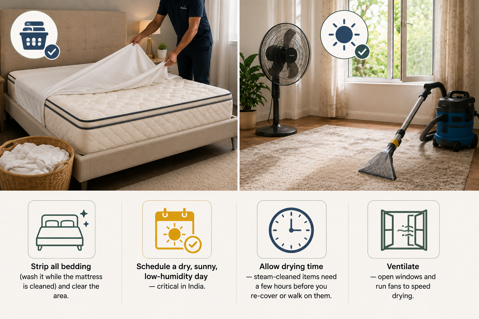 Professional preparing a mattress and carpet for deep cleaning with bedding removed, open windows, fan ventilation, and sunlight to ensure faster drying and prevent mould.