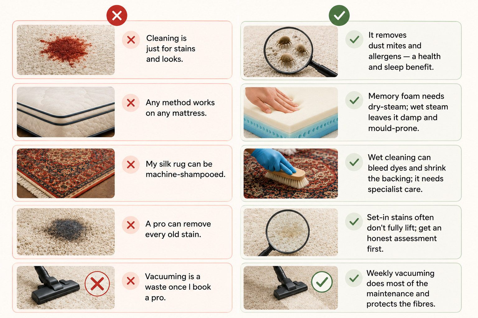 Myth vs Fact infographic comparing common misconceptions and facts about professional carpet and mattress cleaning, including allergy removal, memory foam care, silk rug cleaning, stain expectations, and the importance of regular vacuuming.