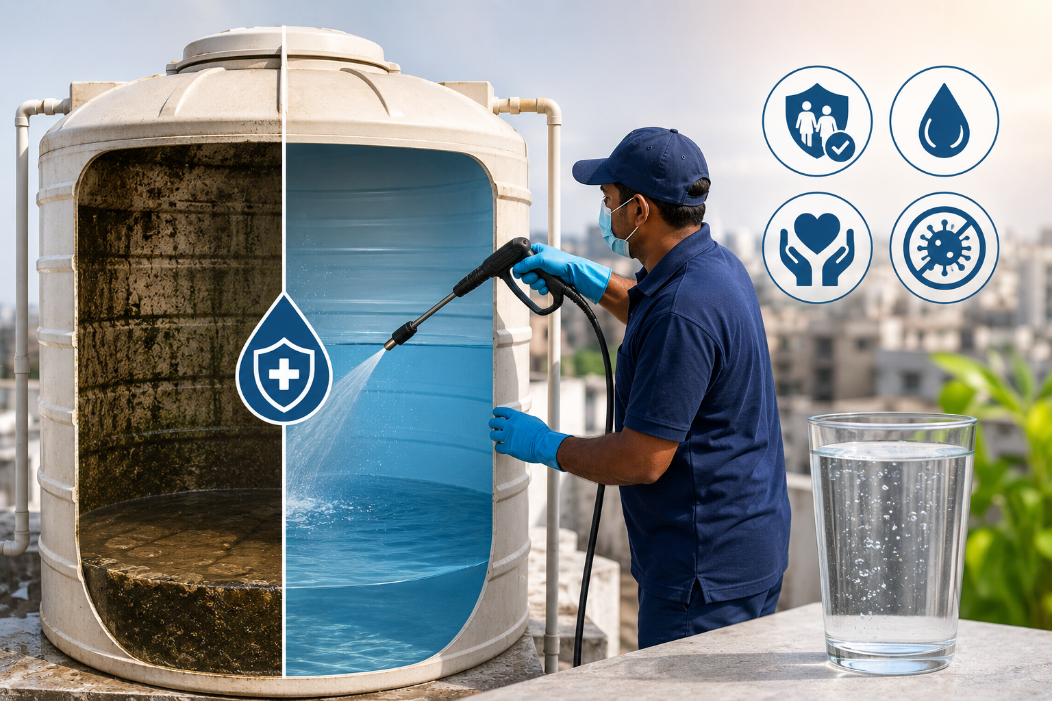 Professional cleaning a rooftop water storage tank showing the contrast between a sludge-filled tank and a hygienically cleaned tank
