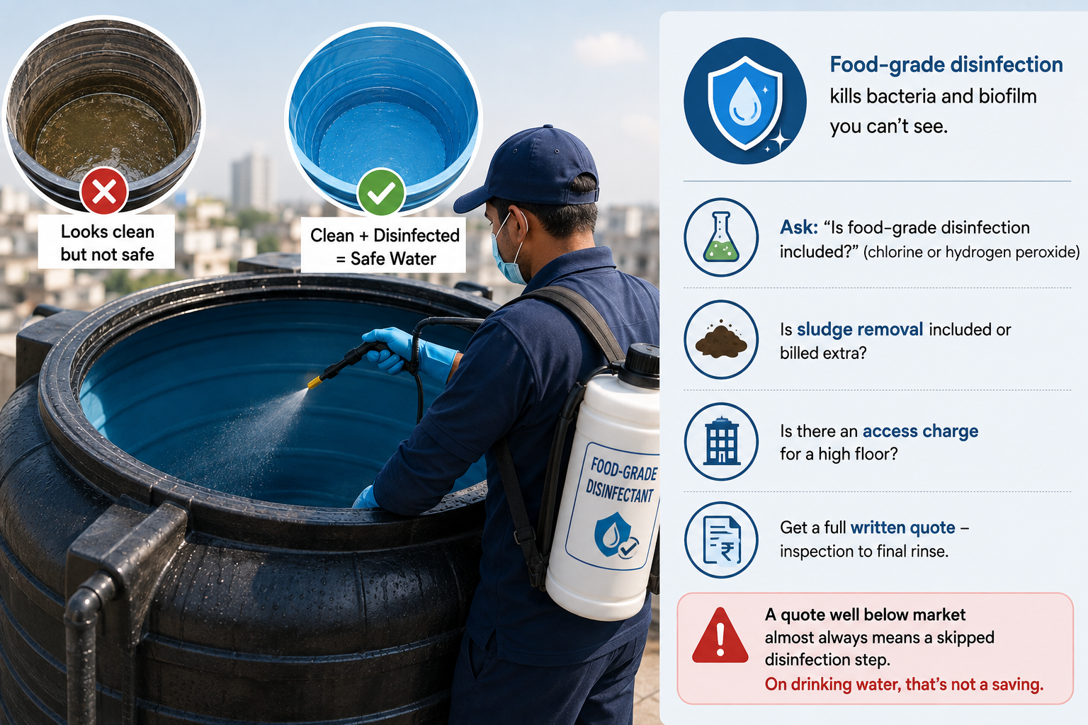Infographic showing a professional disinfecting a residential water tank and explaining why food-grade disinfection is the most important step
