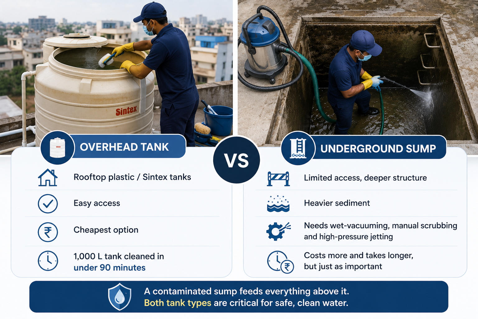 Side-by-side comparison of overhead rooftop water tank cleaning and underground sump cleaning, highlighting differences in accessibility, cleaning process, sediment buildup