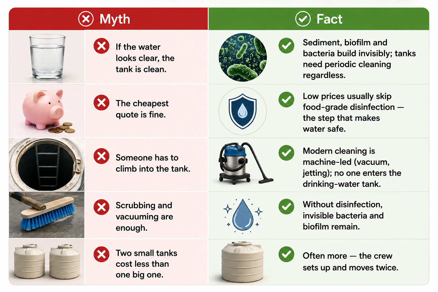 Myth vs Fact infographic explaining water tank cleaning, disinfection, machine cleaning, hidden contamination, and common pricing myths.