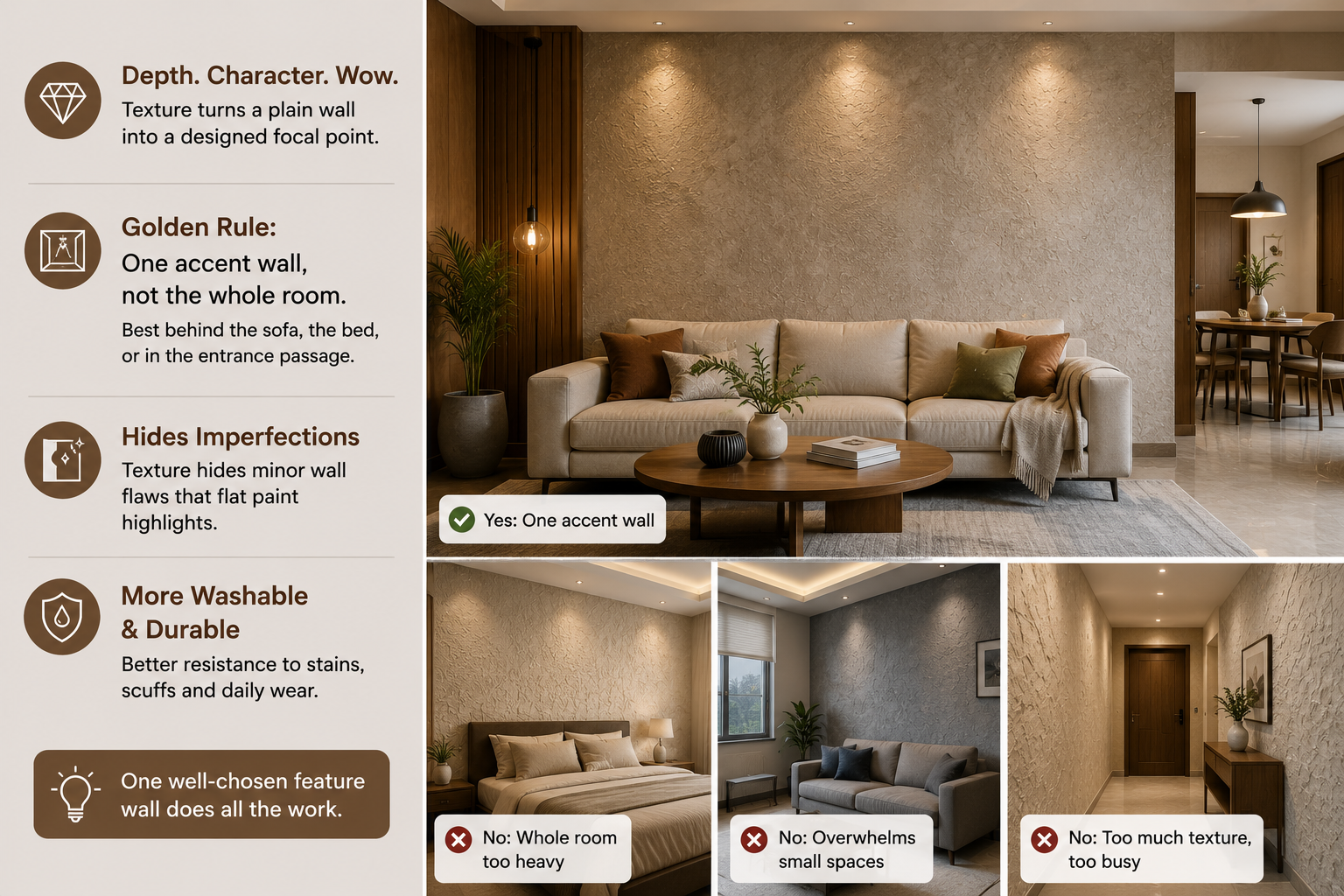 Modern living room featuring a textured accent wall, showing how designer wall textures add depth, hide imperfections, and enhance home interiors.