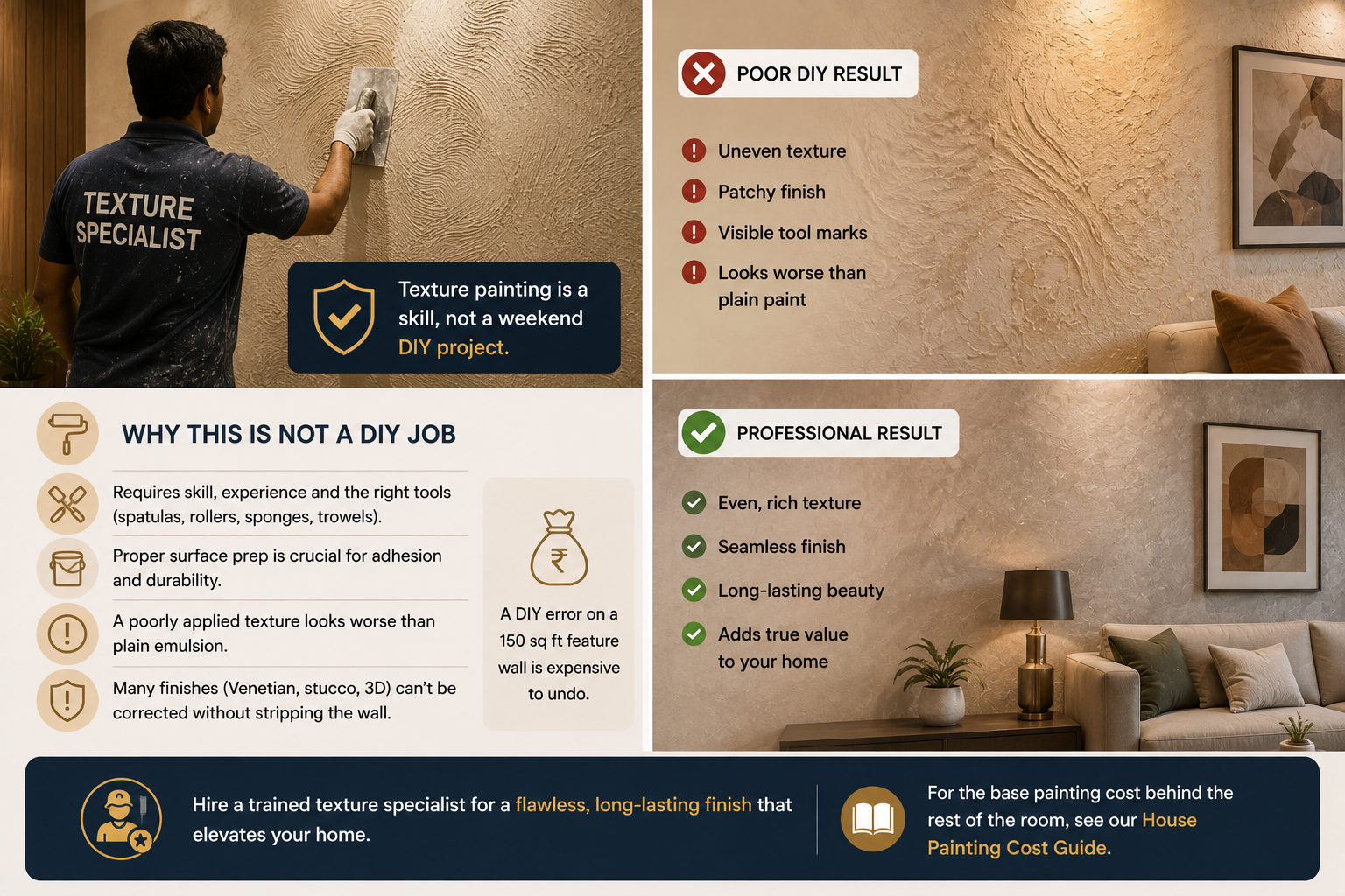 Professional applying a textured wall finish, comparing uneven DIY results with a smooth designer finish to show why texture painting needs expert application.
