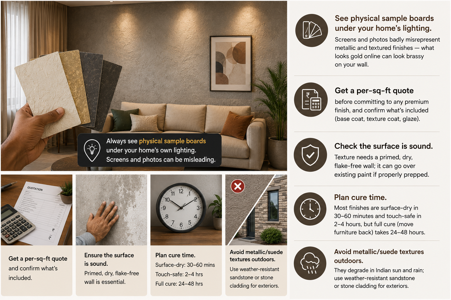 Interior designer comparing wall texture sample boards with a textured accent wall, highlighting key checks before choosing a premium wall finish.
