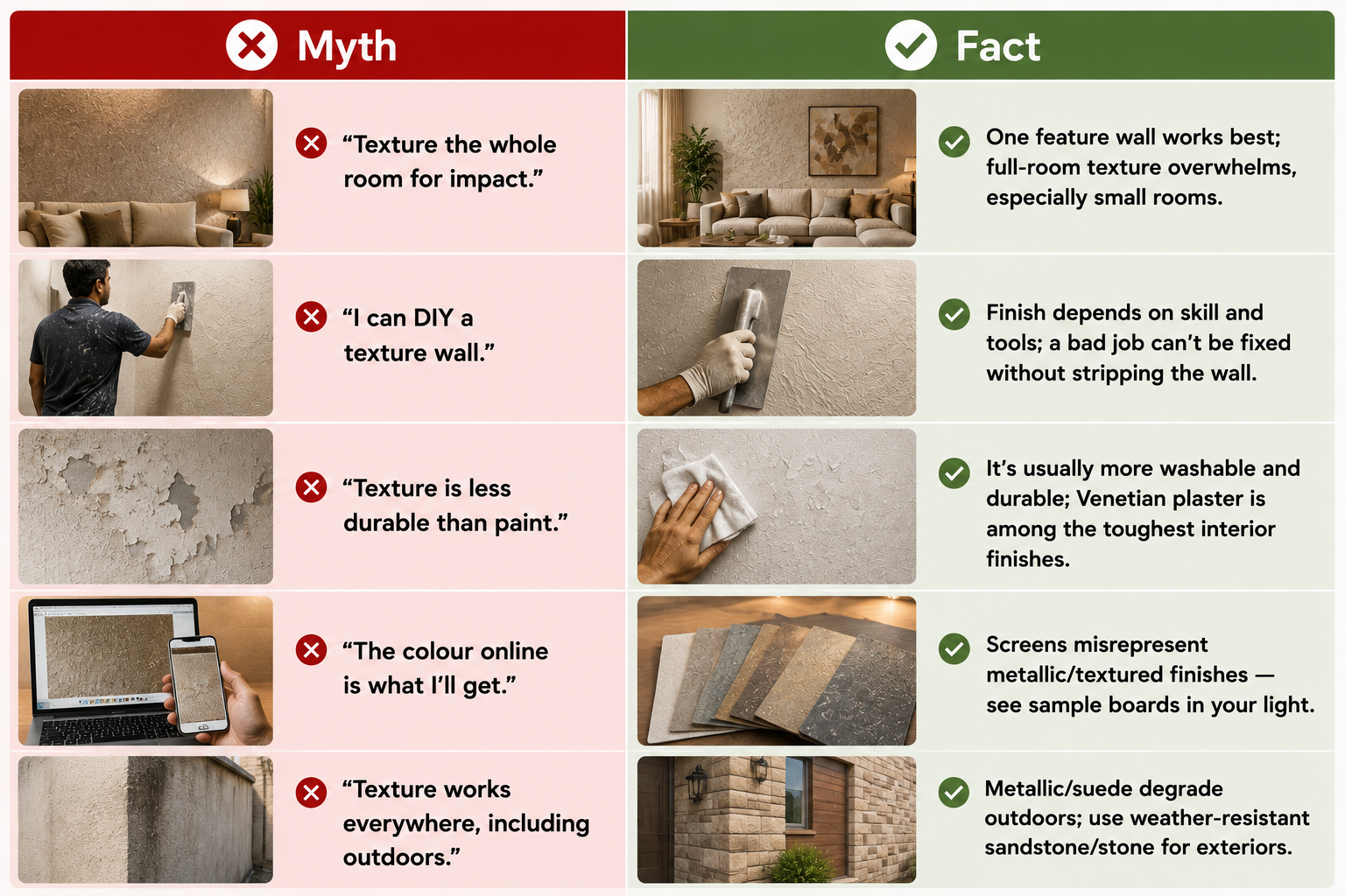 Myth vs Fact infographic explaining common misconceptions about textured walls, covering feature walls, DIY, durability, colour samples, and outdoor finishes.