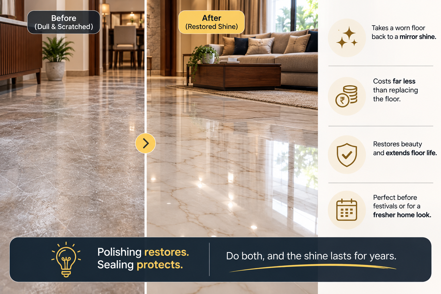 Before-and-after marble floor polishing showing dull stone restored to a glossy finish, highlighting restoration, sealing, and cost savings over replacement.