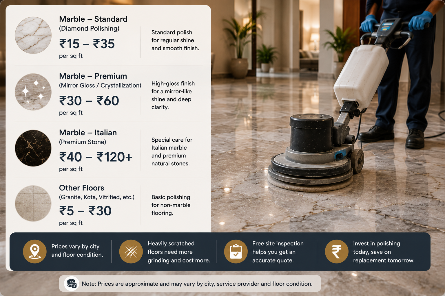 Professional marble floor polishing with a pricing guide showing 2026 polishing costs by floor type and finish for Indian homes.