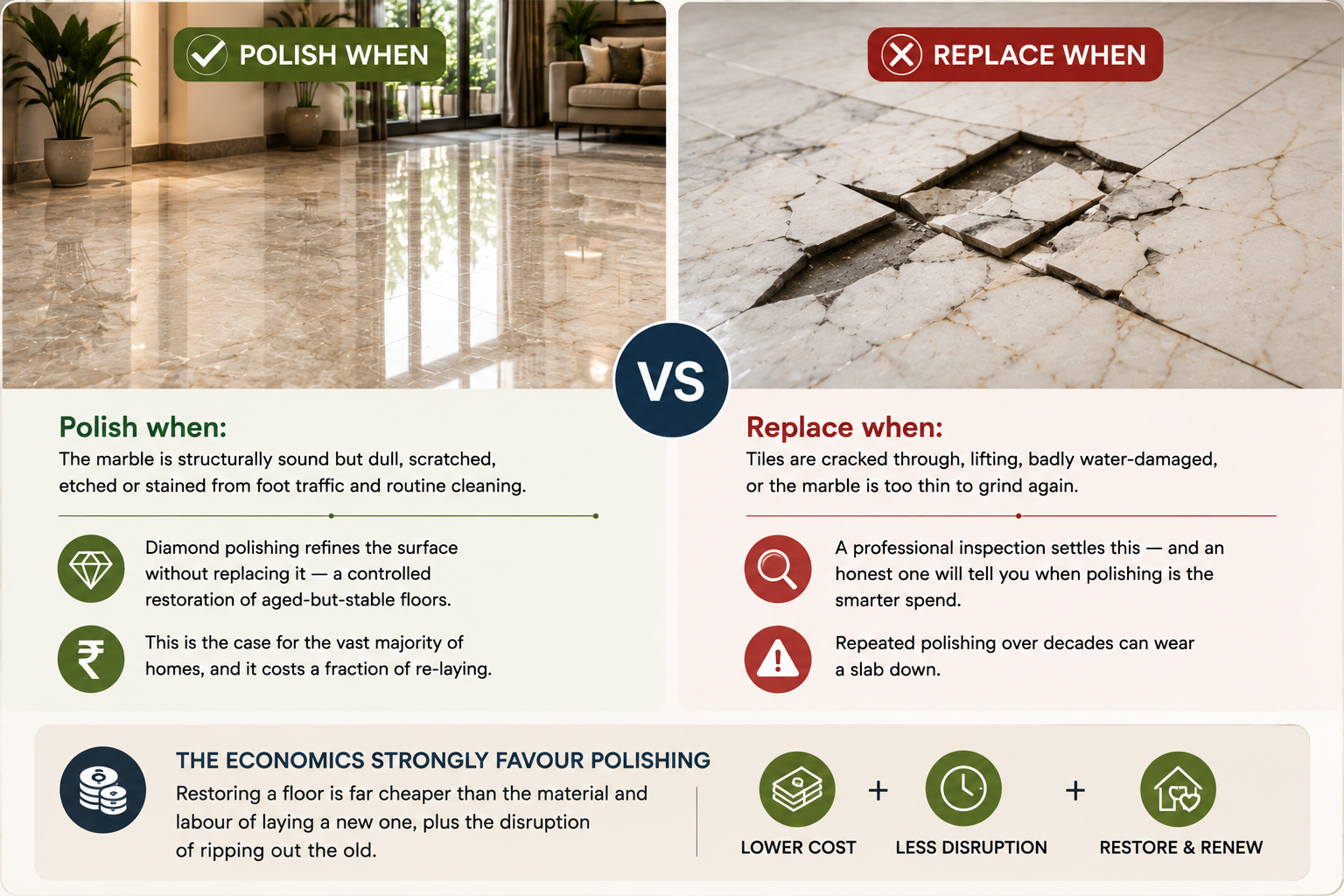 Comparison showing when to polish or replace marble flooring, highlighting surface restoration, severe damage, and the cost benefits of polishing.