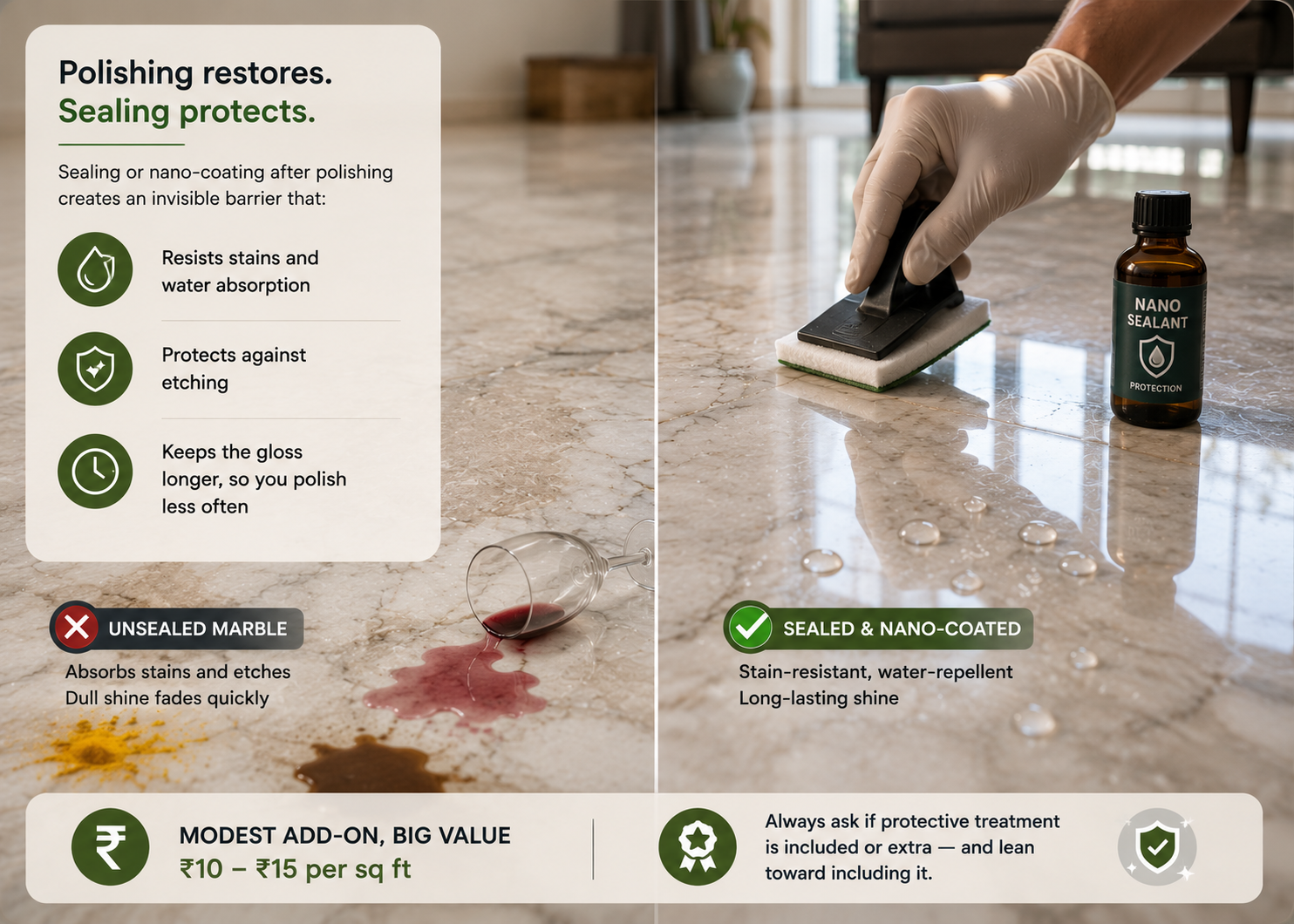 Marble floor sealing after polishing with nano-coating, showing stain protection, water resistance, and longer-lasting shine for natural stone floors.