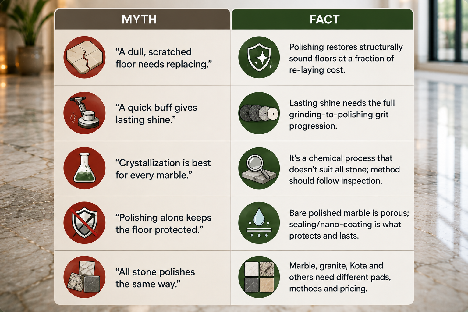 Myth vs Fact infographic about marble floor polishing, covering restoration, shine, crystallization, sealing, and stone-specific polishing methods.
