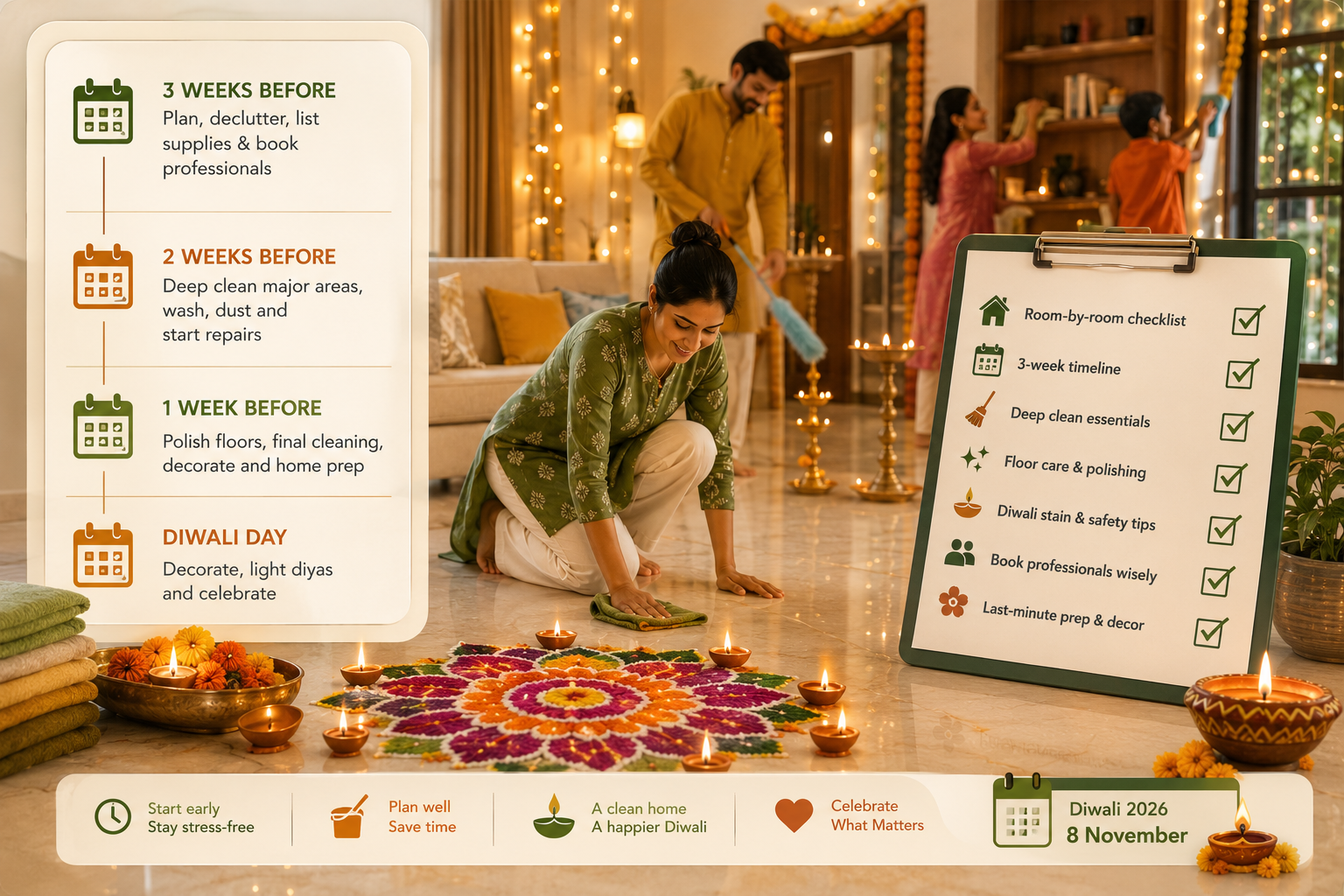 Family preparing an Indian home for Diwali with deep cleaning, festive décor, rangoli, diyas, and a room-by-room cleaning timeline and checklist.