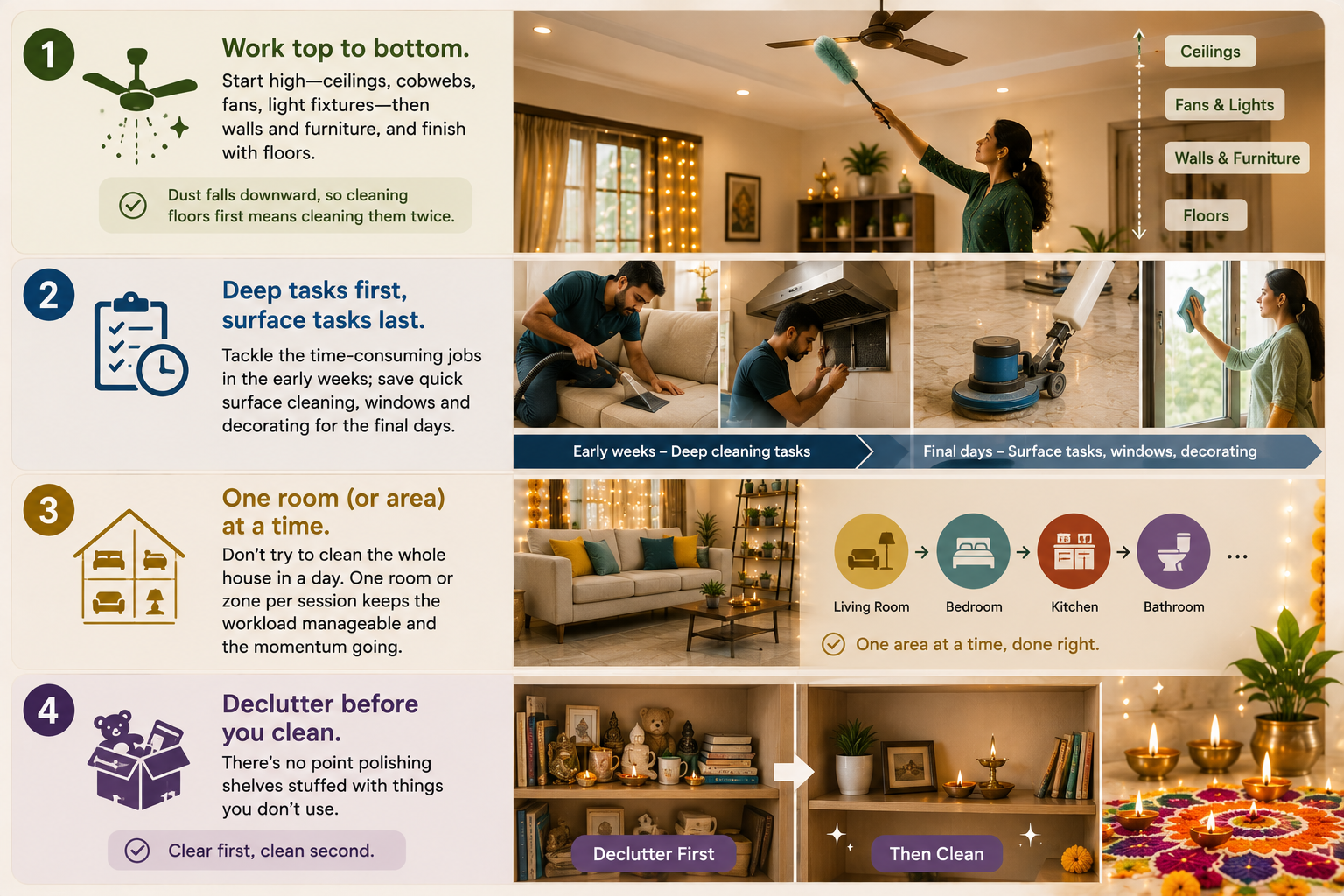 Diwali home cleaning infographic showing top-to-bottom cleaning, deep tasks first, one room at a time, and decluttering before cleaning.