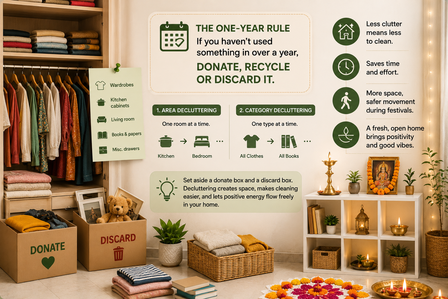 Home decluttering before Diwali using the one-year rule, with donate and discard boxes, organized storage, and room-by-room decluttering tips.