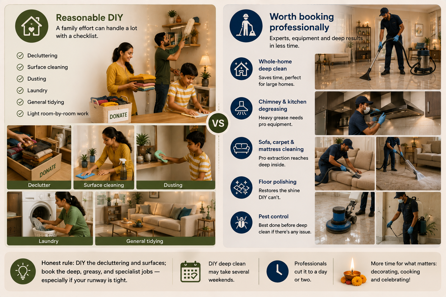 DIY vs professional Diwali cleaning comparison showing household tasks to do yourself and specialist services best handled by professionals.