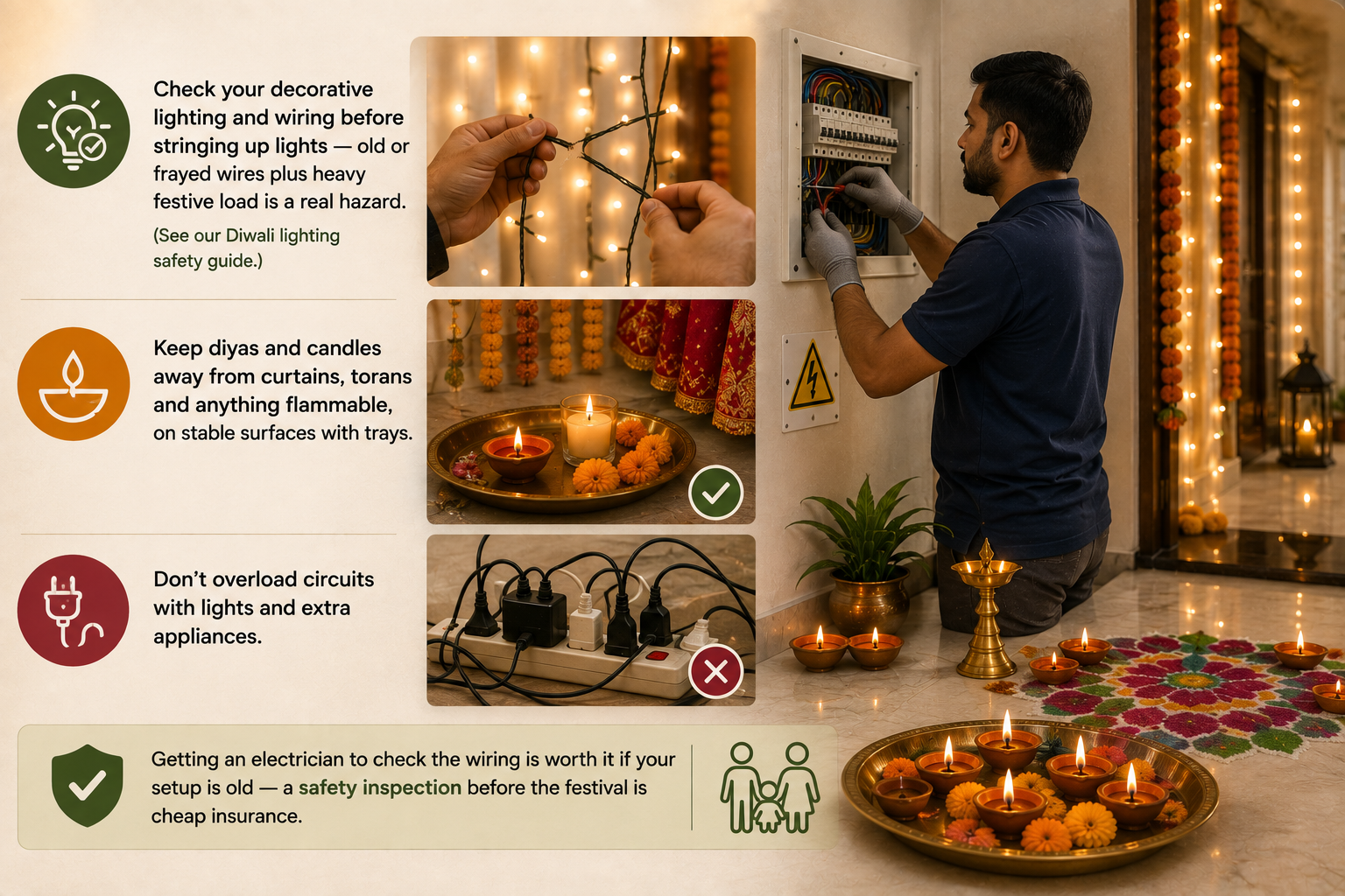 Diwali home safety infographic showing safe lighting, electrical checks, diya placement, overload prevention, and festive fire safety tips.