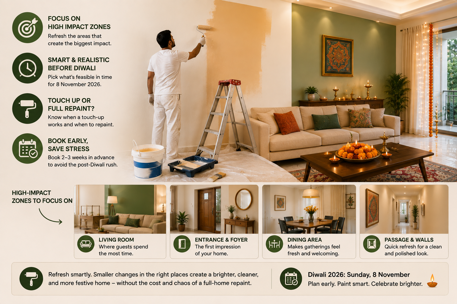 Professional repainting a living room before Diwali, highlighting guest-facing areas for a quick festive home refresh with minimal disruption.