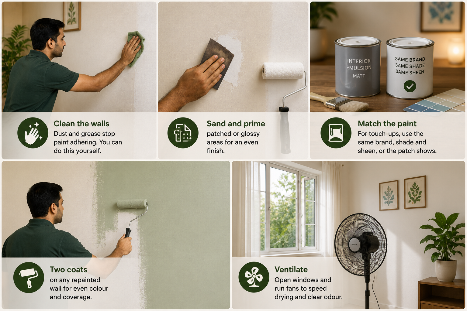 Wall painting prep infographic showing cleaning, sanding, priming, paint matching, two-coat application, and ventilation for a durable finish.