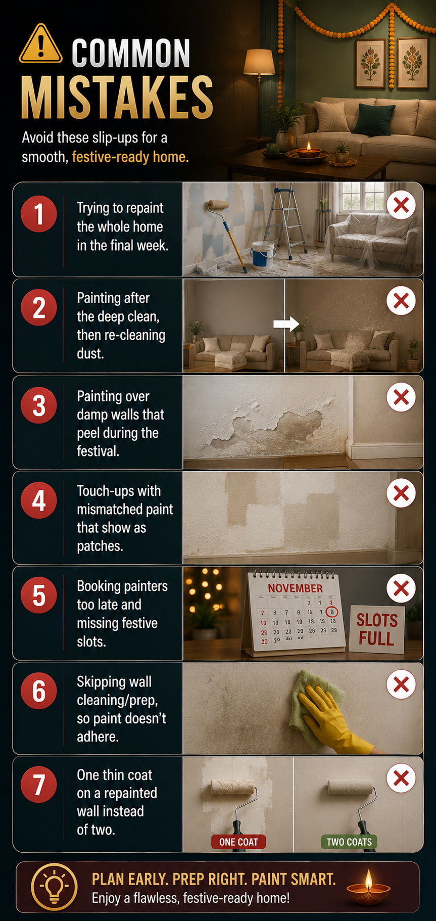 Infographic showing common festive home painting mistakes, including late booking, damp walls, poor prep, one-coat painting, and repaint timing