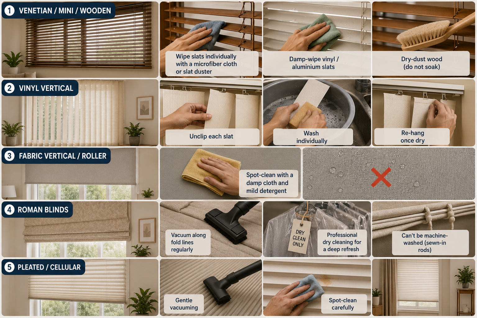 Blind cleaning guide showing the right method for Venetian, wooden, vinyl, fabric, roller, Roman, pleated and cellular blinds.