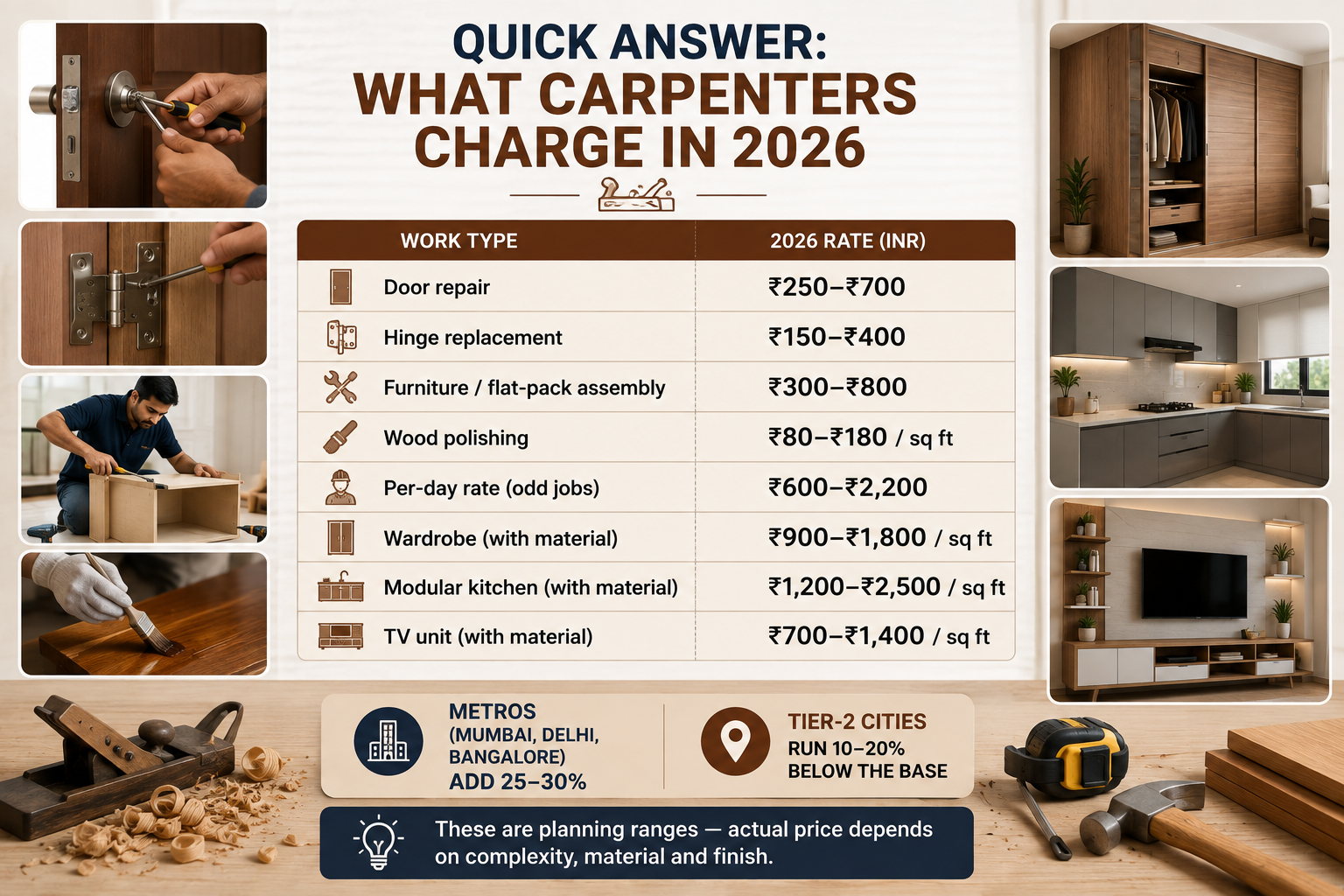 2026 carpenter charges in India for door repair, furniture assembly, polishing, wardrobes, modular kitchens and TV units, with metro price variations