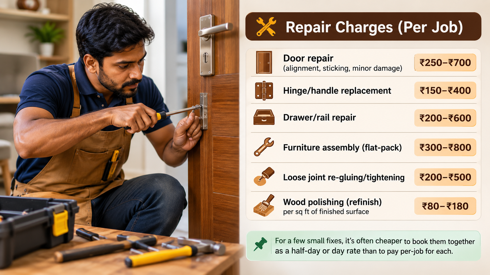 Indian carpenter repairing a door alongside 2026 per-job rates for door, hinge, drawer, furniture, joint and wood polishing repairs