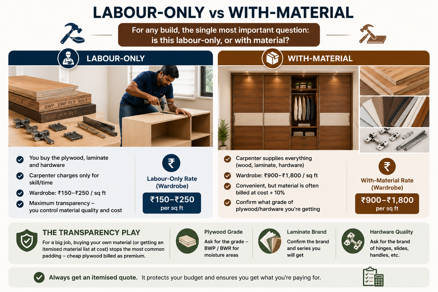 Labour-only vs with-material carpentry comparison showing wardrobe rates, material responsibilities, plywood grades, laminate brands and hardware checks