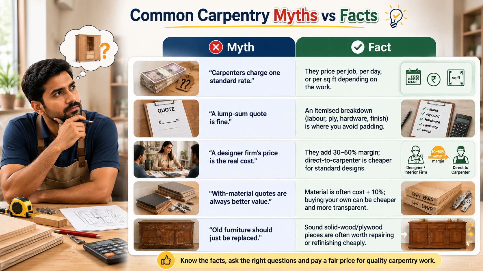 Carpentry myths vs facts infographic covering pricing models, itemised quotes, designer margins, material costs and repairing old furniture
