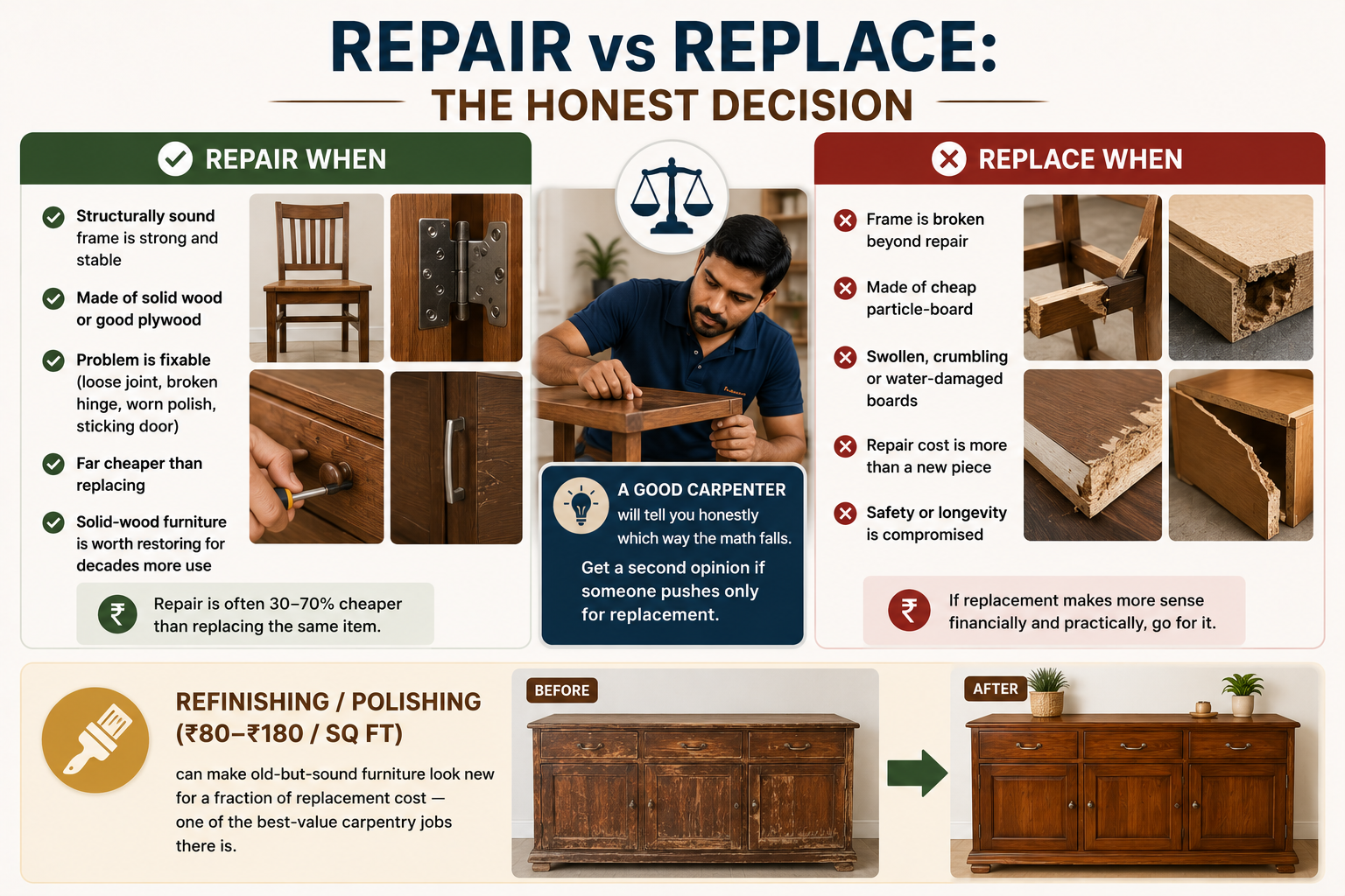 Repair vs replace furniture guide showing when to repair or replace, plus refinishing at ₹80–₹180 per sq ft for sound wooden furniture