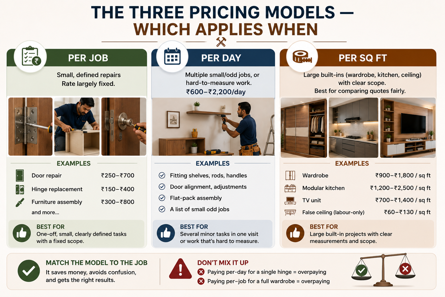 Infographic comparing per-job, per-day and per-sq-ft carpentry pricing models, with examples, rates and guidance on choosing the right model