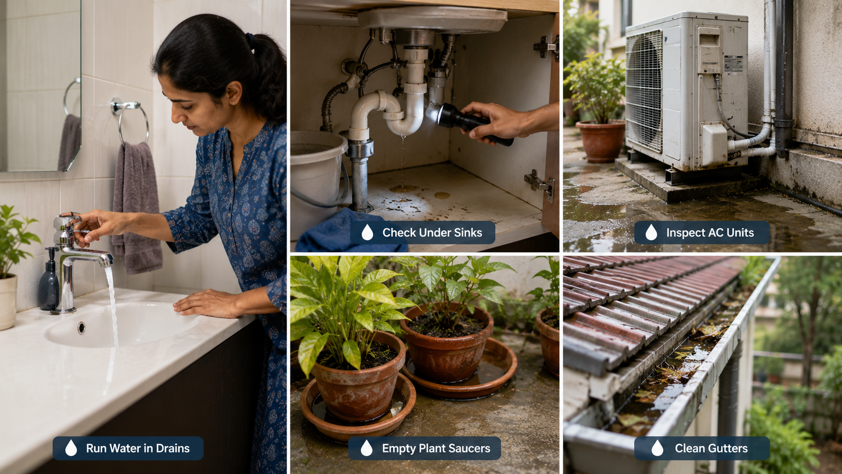 Homeowner checks drains, leaking pipes, AC condensation, plant saucers, and gutters to remove standing water that can attract household pests