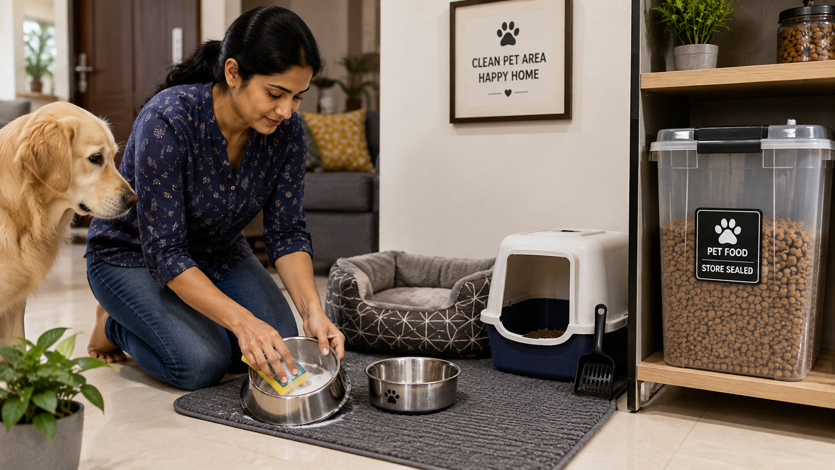 Homeowner cleans pet bowls and stores dry pet food in a sealed container to reduce food sources that can attract ants, roaches, and rodents