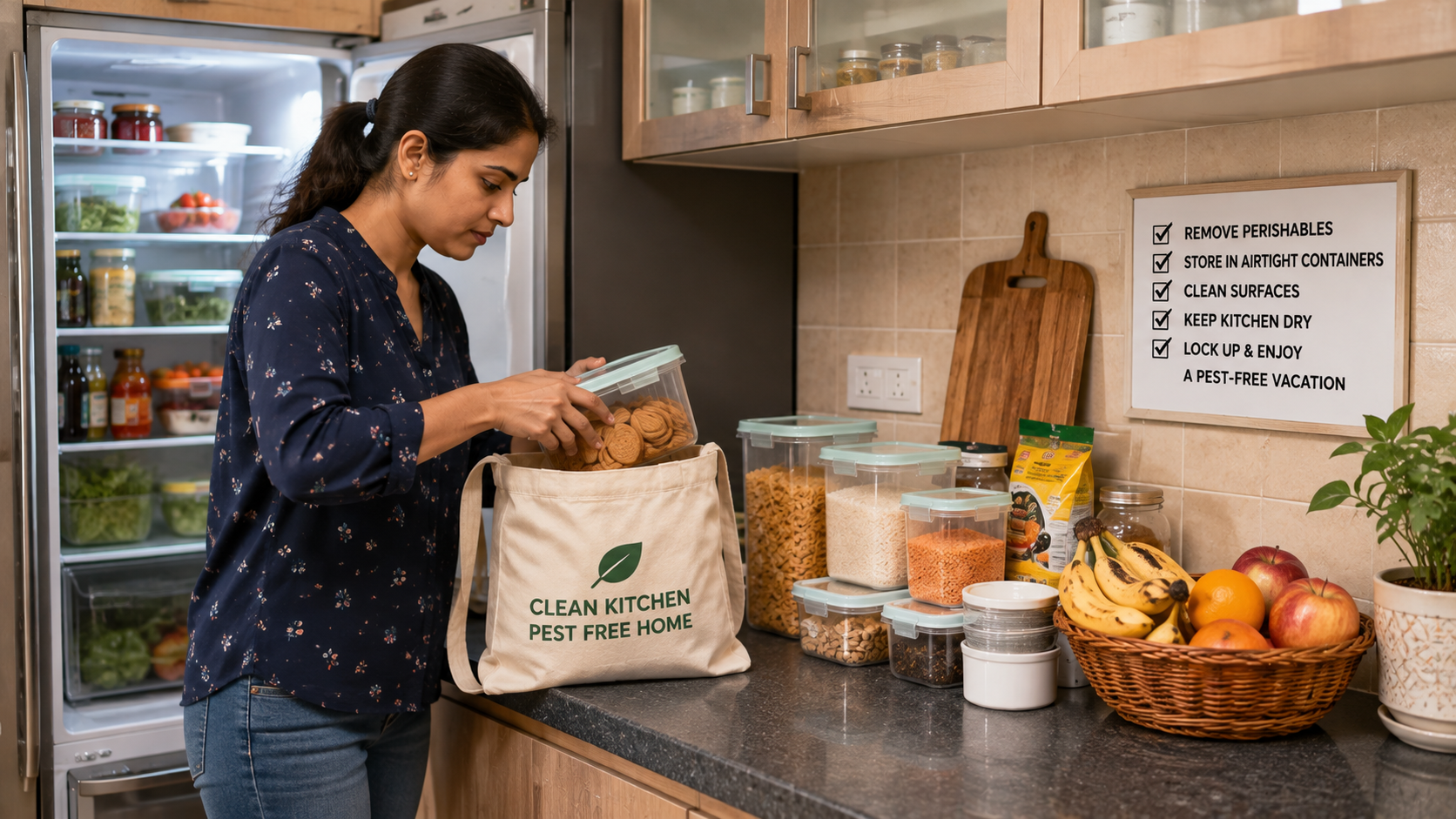 Indian homeowner removes perishable food and stores dry goods in airtight containers to keep the kitchen clean and pest-free before vacation