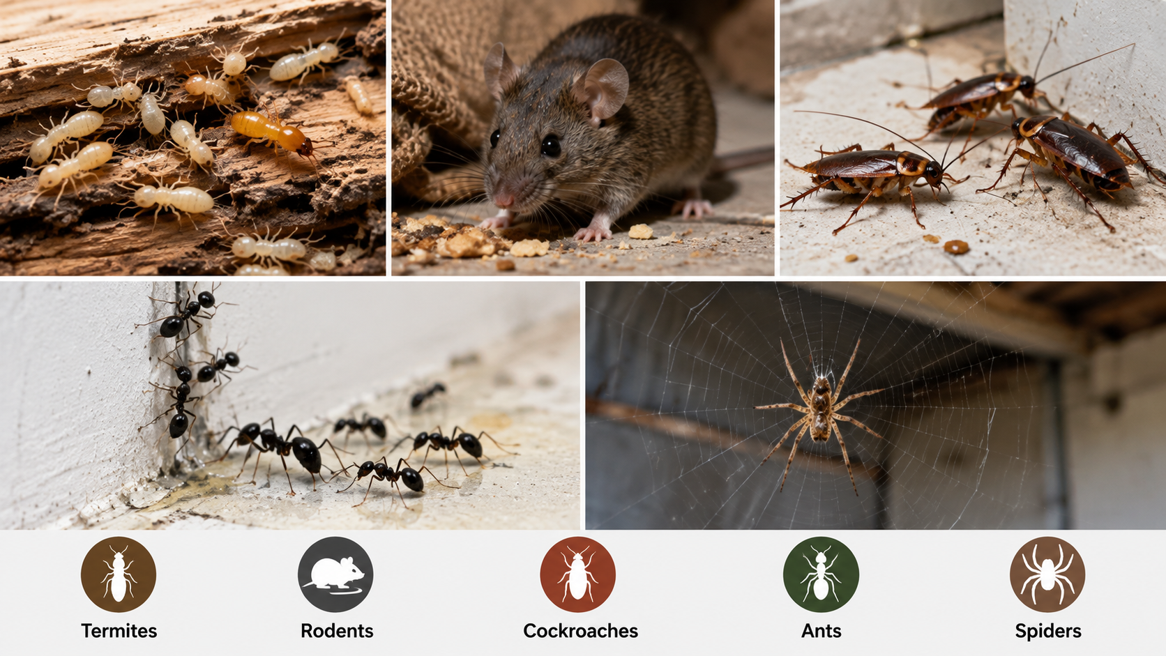 Common household pests including termites, rodents, cockroaches, ants and spiders, highlighting the different risks they can pose in homes