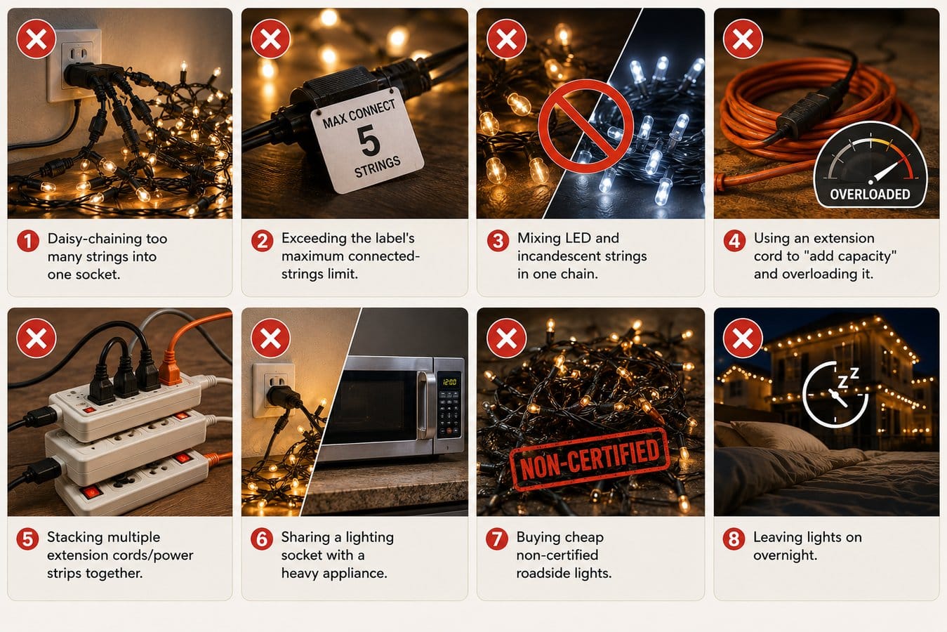 Common fairy light safety mistakes including overloaded sockets, excess strings, mixed bulbs, stacked cords, heavy appliances, uncertified lights, and overnight use